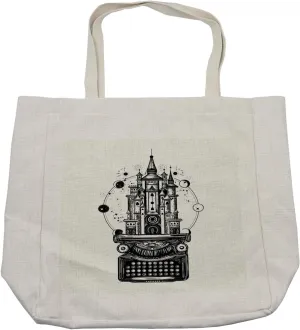 Lunarable Typewriter Shopping Bag, Imaginary Magic Castle on Celestial Background Surrealistic Art, Eco-Friendly Reusable Bag for Groceries Beach and More, 15.5" X 14.5", Cream