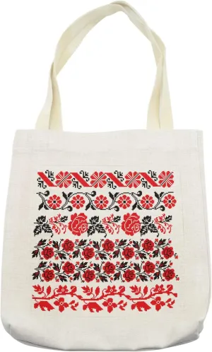 Lunarable Ukrainian Tote Bag, Romantic Floral Bouquet with Valentines Day Themed Roses Pixel Petals and Leaves, Cloth Linen Reusable Bag for Shopping Books Beach and More, 16.5" X 14", Cream