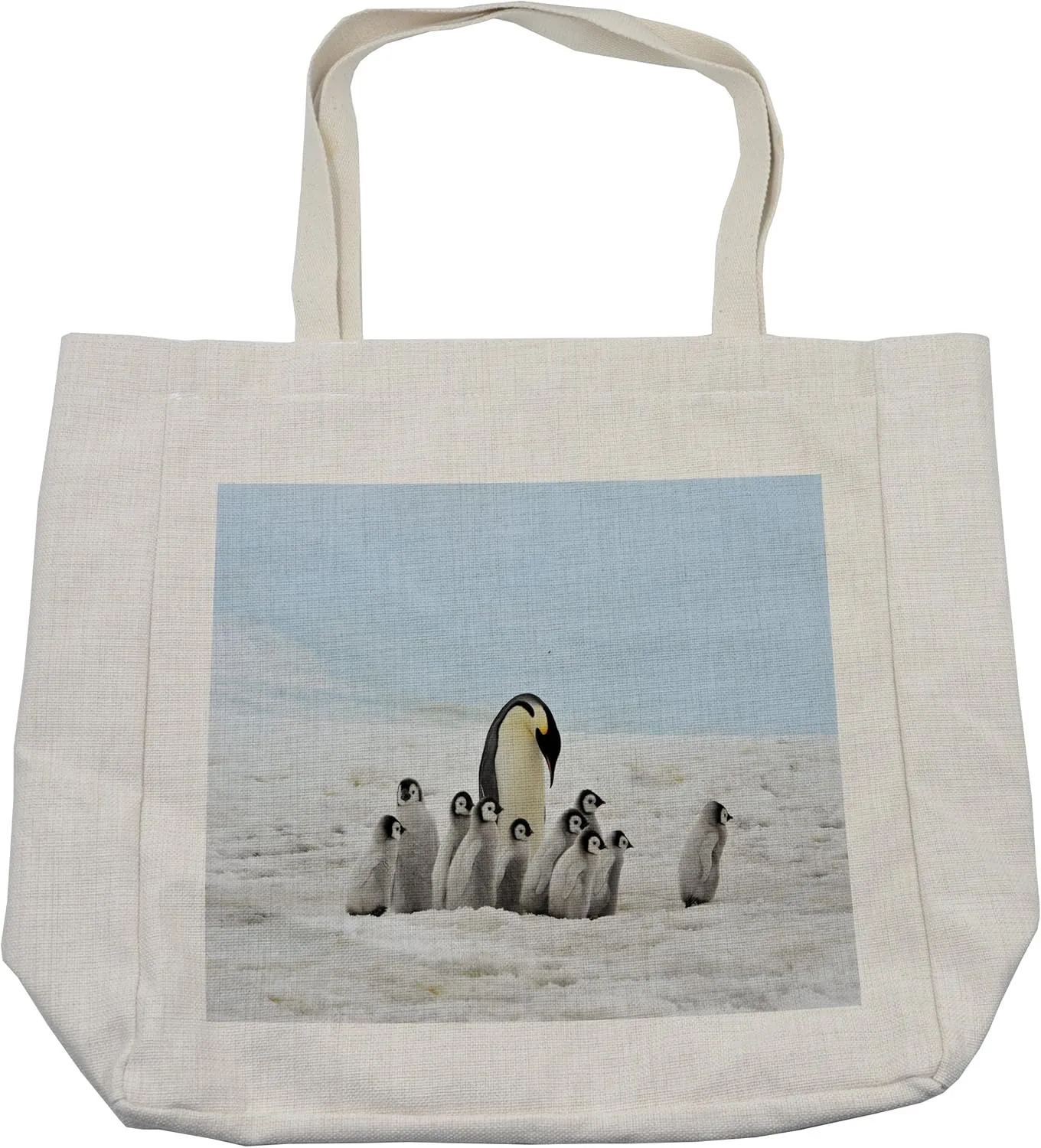 Lunarable Underwater Shopping Bag, Penguins Mom and Younger Ones Adventurous Holidays Ice Travel Print, Eco-Friendly Reusable Bag for Groceries Beach and More, 15.5" X 14.5", Cream