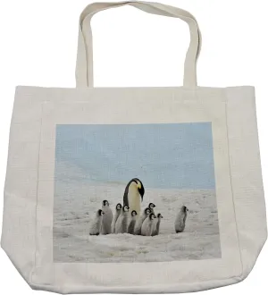 Lunarable Underwater Shopping Bag, Penguins Mom and Younger Ones Adventurous Holidays Ice Travel Print, Eco-Friendly Reusable Bag for Groceries Beach and More, 15.5" X 14.5", Cream