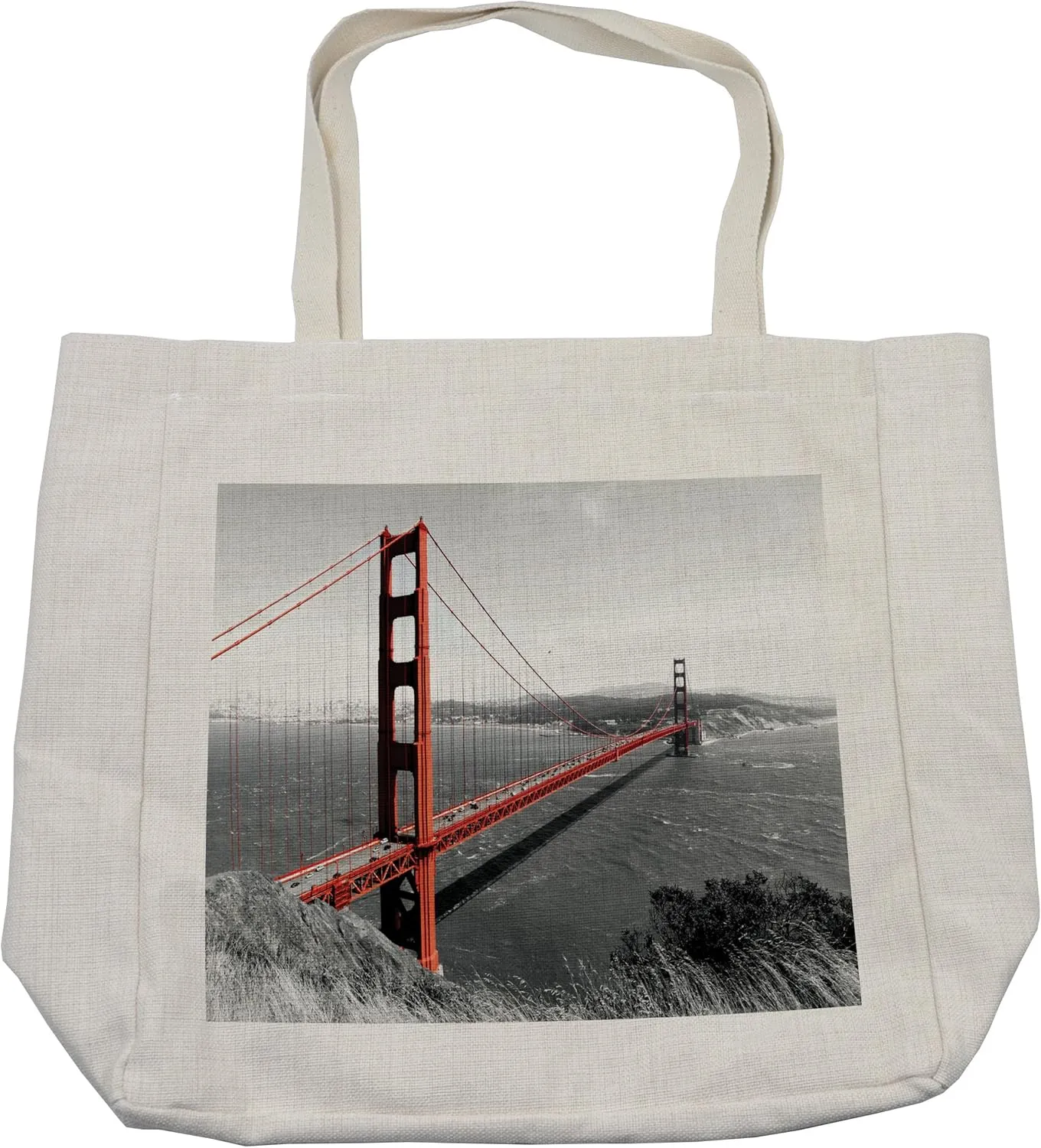 Lunarable USA Shopping Bag, Golden Gate Bridge Civil Engineering History Monochromatic Travel Destinations View Print, Eco-Friendly Reusable Bag for Groceries Beach and More, 15.5" X 14.5", Cream
