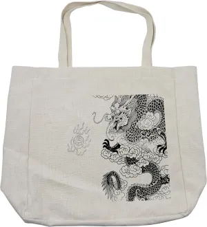Lunarable Vintage China Shopping Bag, Mythological Dragon Cultural Features Orientalic Design Print, Eco-Friendly Reusable Bag for Groceries Beach and More, 15.5" X 14.5", Cream