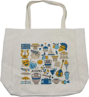 Lunarable Vintage Greece Shopping Bag, Cartoon Design Illustration of Symbolic and Greek Elements, Eco-Friendly Reusable Bag for Groceries Beach and More, 15.5" X 14.5", Cream