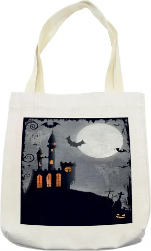 Lunarable Vintage Halloween Tote Bag, Halloween Themed Asymmetric Caste with Scary Bats and Ghosts Full Moon, Cloth Linen Reusable Bag for Shopping Books Beach and More, 16.5" X 14", Cream
