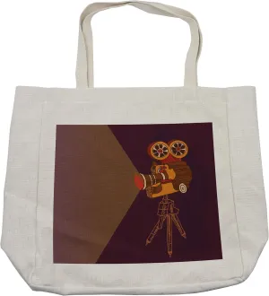 Lunarable Vintage Shopping Bag, Classic Movie Theater Machine with Cinema Fest Typography Past Filmmaker Print, Eco-Friendly Reusable Bag for Groceries Beach and More, 15.5" X 14.5", Cream