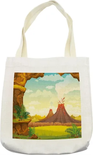 Lunarable Volcano Tote Bag, Prehistoric Landscape with Cave Smoky Volcanoes and Green Grass Cloudy Sky, Cloth Linen Reusable Bag for Shopping Books Beach and More, 16.5" X 14", Cream