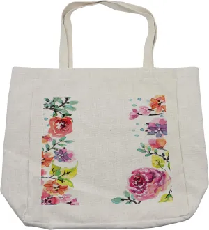Lunarable Watercolor Flower Shopping Bag, Framework with Delicate Summer Roses and Natural Borders Illustration, Eco-Friendly Reusable Bag for Groceries Beach and More, 15.5" X 14.5", Cream