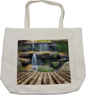 Lunarable Waterfall Shopping Bag, Box Like Waterfall Aside of a Wood Pier with Fall Leaves on Its Rocks Art, Eco-Friendly Reusable Bag for Groceries Beach and More, 15.5" X 14.5", Cream