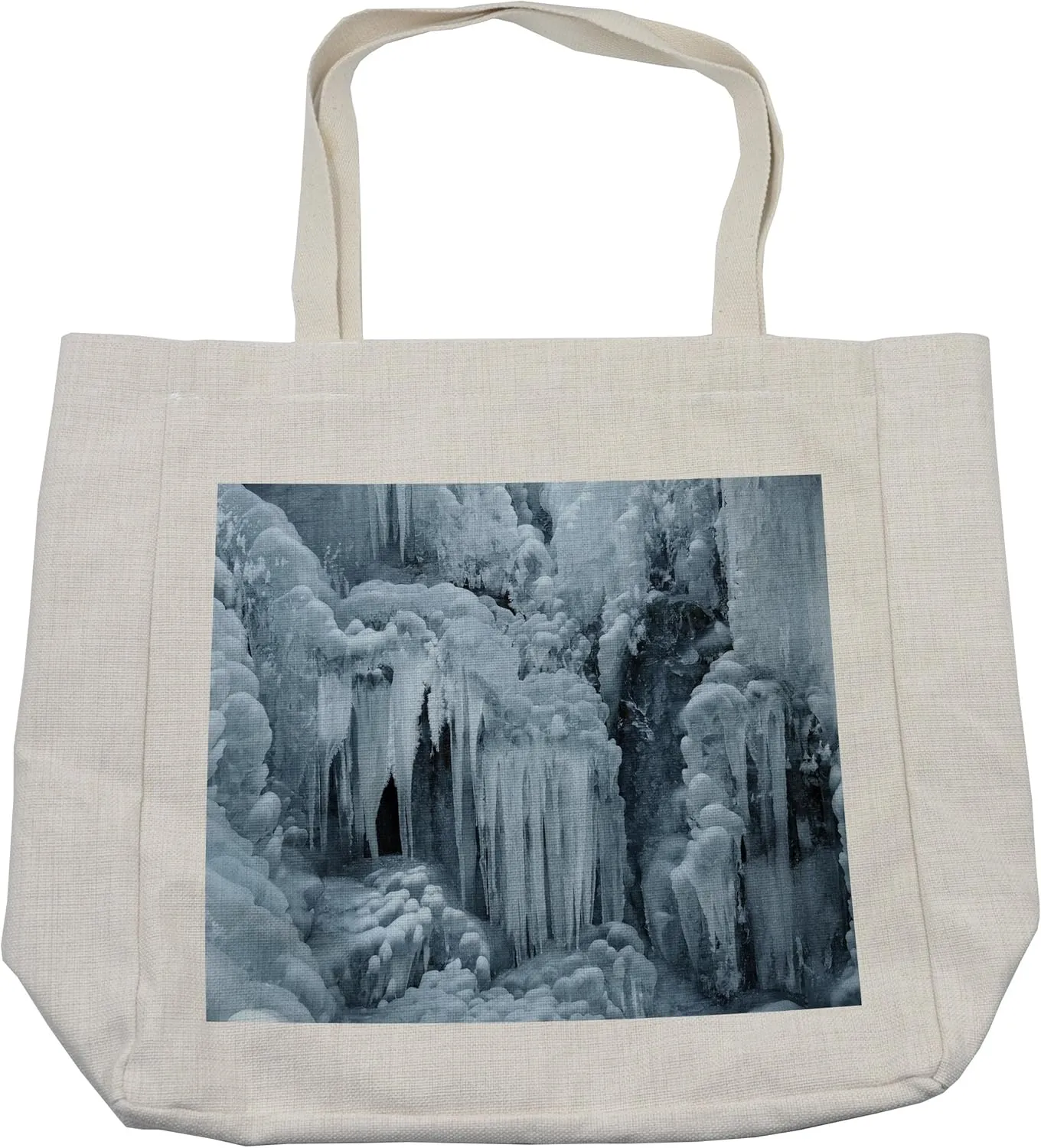 Lunarable Waterfall Shopping Bag, Ice Sharp Icicles on Frozen Waterfall in Winter with Snow on the Rocks Print, Eco-Friendly Reusable Bag for Groceries Beach and More, 15.5" X 14.5", Cream