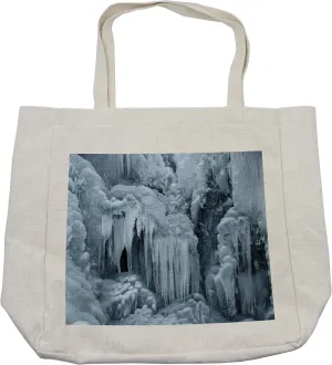 Lunarable Waterfall Shopping Bag, Ice Sharp Icicles on Frozen Waterfall in Winter with Snow on the Rocks Print, Eco-Friendly Reusable Bag for Groceries Beach and More, 15.5" X 14.5", Cream