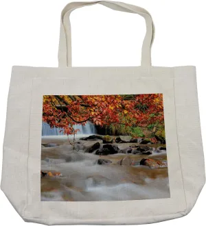 Lunarable Waterfall Shopping Bag, Waterfall with Enormous Rocks and Orange Yellow Autumn Trees Fall Leaf Work of Art, Eco-Friendly Reusable Bag for Groceries Beach and More, 15.5" X 14.5", Cream