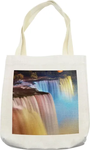 Lunarable Waterfall Tote Bag, Niagara Falls Colorful Cascade Stream at Night View Waterfall Scenic Picture, Cloth Linen Reusable Bag for Shopping Books Beach and More, 16.5" X 14", Cream