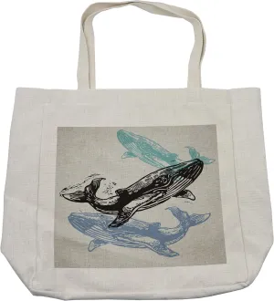 Lunarable Whale Shopping Bag, Linocut Whales in Different Tones Modern Ecology Nautical Graphic, Eco-Friendly Reusable Bag for Groceries Beach and More, 15.5" X 14.5", Cream