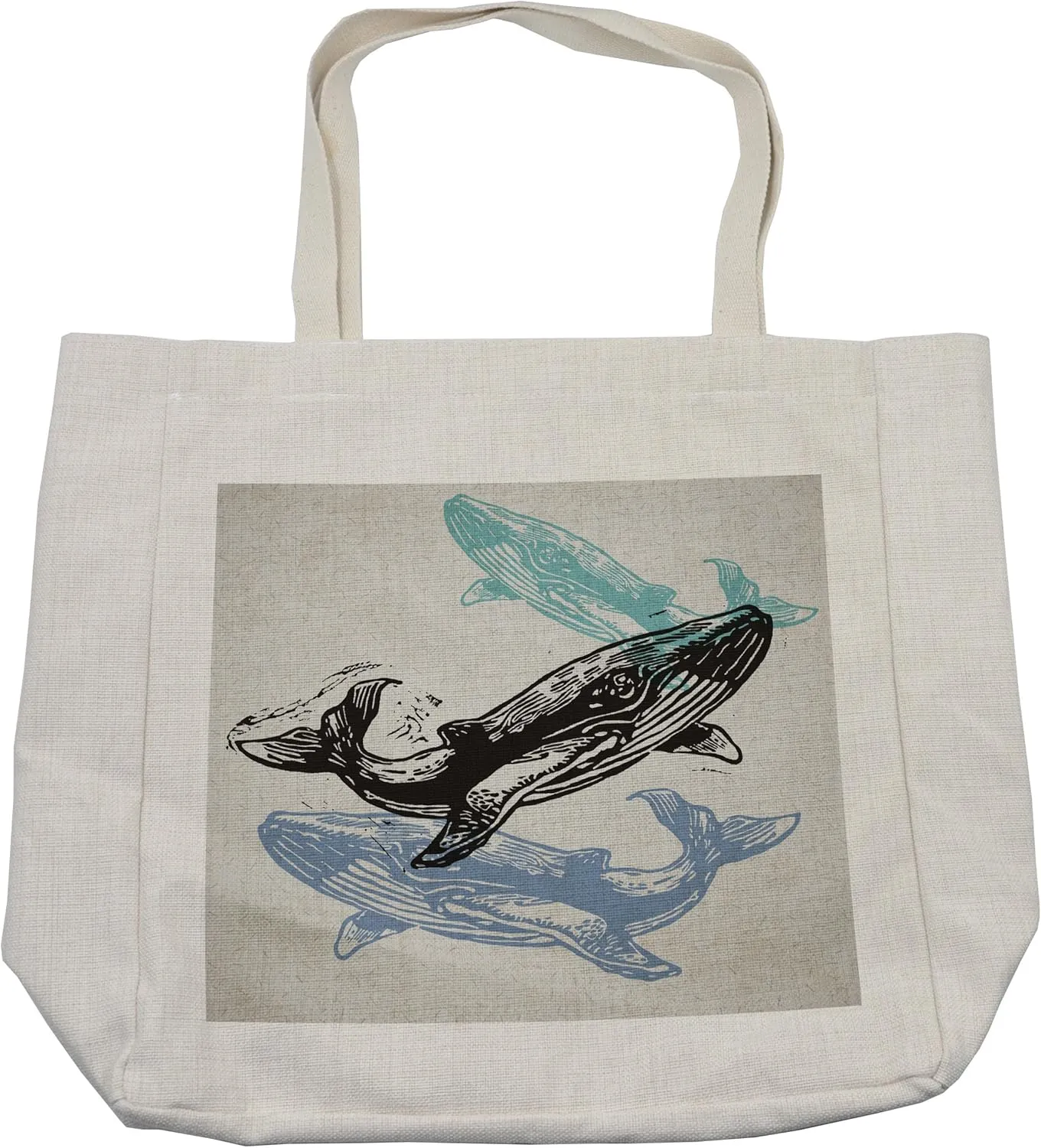 Lunarable Whale Shopping Bag, Linocut Whales in Different Tones Modern Ecology Nautical Graphic, Eco-Friendly Reusable Bag for Groceries Beach and More, 15.5" X 14.5", Cream