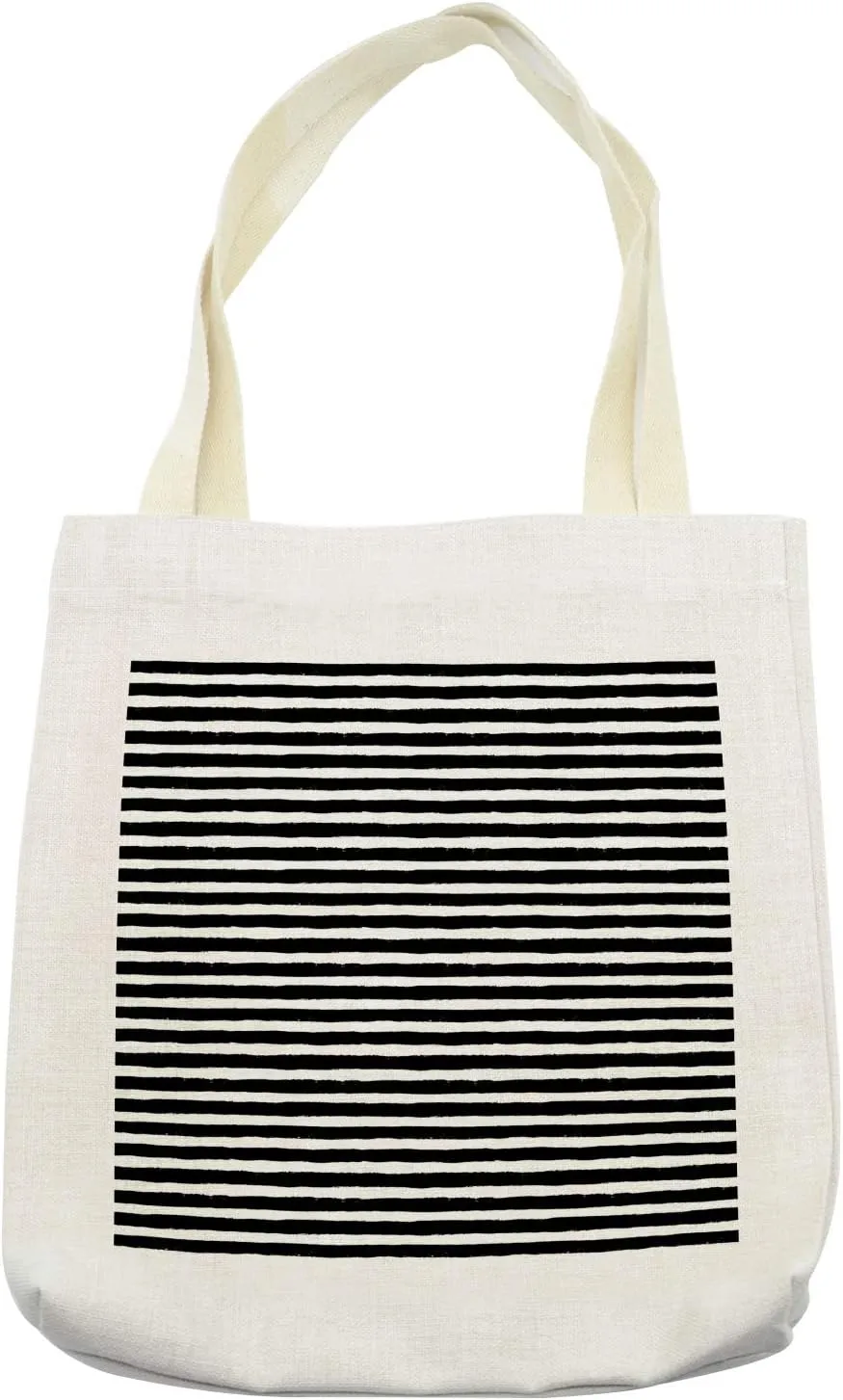 Lunarable White Tote Bag, Stroke Style Horizontal Grunge Lines Modernistic Striped Illustration, Cloth Linen Reusable Bag for Shopping Books Beach and More, 16.5" X 14", Cream