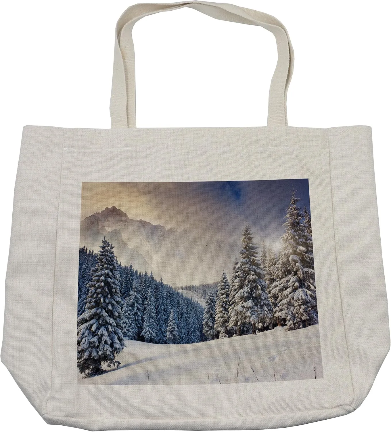 Lunarable Winter Shopping Bag, Dreamy Winter Evening over Coniferous Pine Forest Above European Mountain Hoar Frost, Eco-Friendly Reusable Bag for Groceries Beach and More, 15.5" X 14.5", Cream