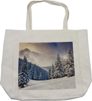 Lunarable Winter Shopping Bag, Dreamy Winter Evening over Coniferous Pine Forest Above European Mountain Hoar Frost, Eco-Friendly Reusable Bag for Groceries Beach and More, 15.5" X 14.5", Cream
