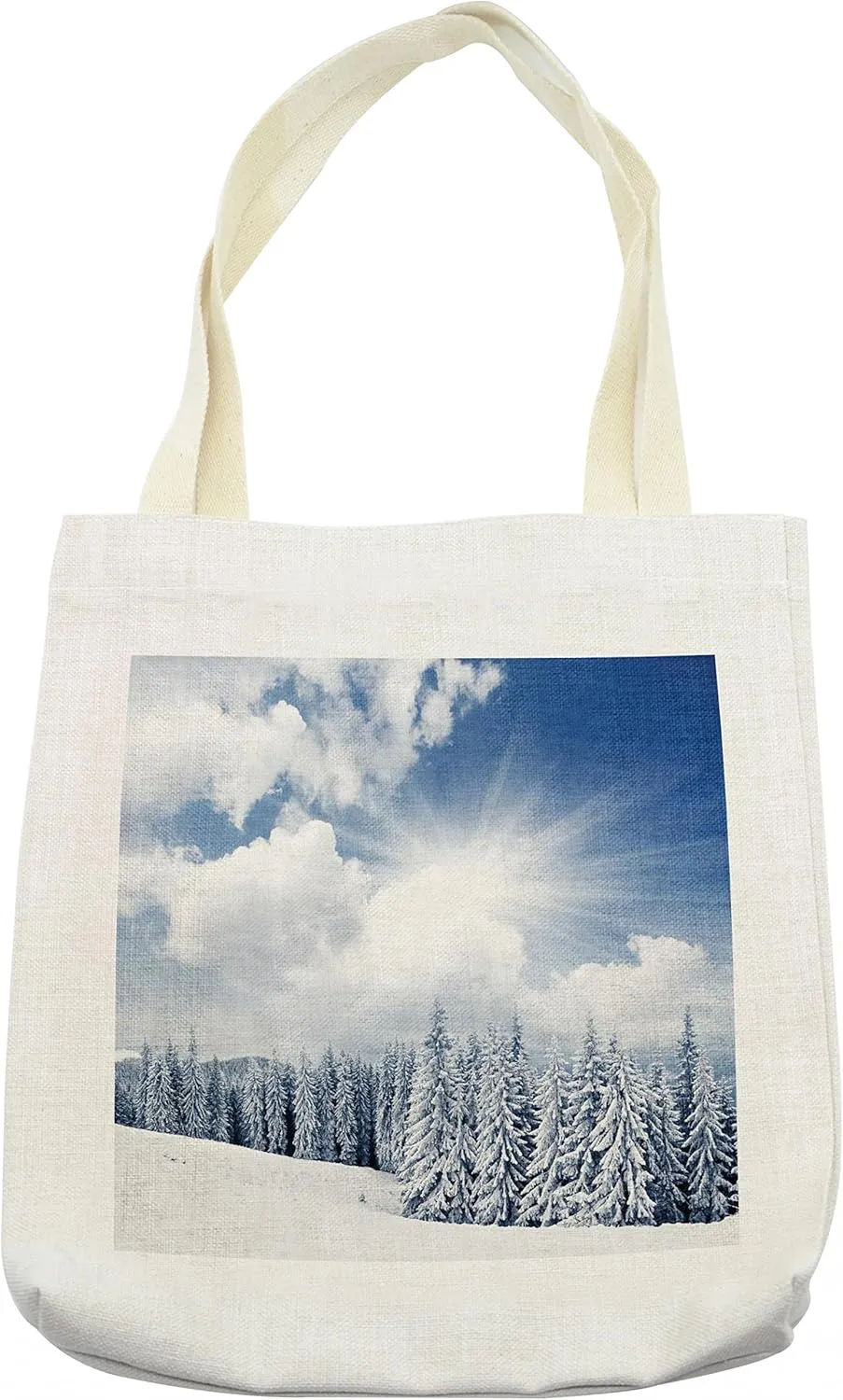 Lunarable Winter Tote Bag, Dramatic Sky with Snowy Tree in the Winter Season Camouflage Natural Wonders Print, Cloth Linen Reusable Bag for Shopping Books Beach and More, 16.5" X 14", Cream