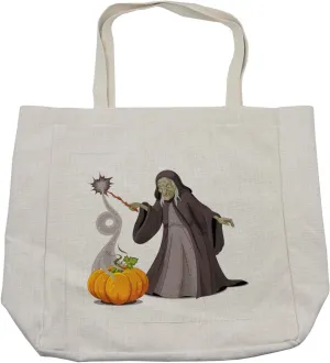 Lunarable Witch Shopping Bag, Old Spooky Woman Casts a Spell over a Pumpkin Powers Horror Holiday, Eco-Friendly Reusable Bag for Groceries Beach and More, 15.5" X 14.5", Cream