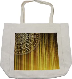 Lunarable Yellow Mandala Shopping Bag, Vertically Striped Pattern with a Fragment of Antique Retro Mandala, Eco-Friendly Reusable Bag for Groceries Beach and More, 15.5" X 14.5", Cream