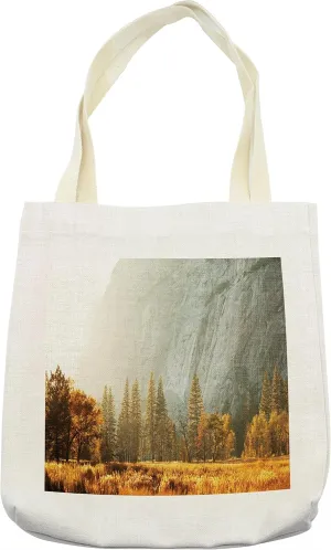 Lunarable Yosemite Tote Bag, Hillside Nature Scenery Yellow Colored Autumn Leaves Grass on Misty Background, Cloth Linen Reusable Bag for Shopping Books Beach and More, 16.5" X 14", Cream