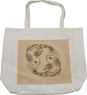 Lunarable Zodiac Pisces Shopping Bag, Harmonious Fish Pattern with Motifs Flowers Stripes and Scales, Eco-Friendly Reusable Bag for Groceries Beach and More, 15.5" X 14.5", Cream
