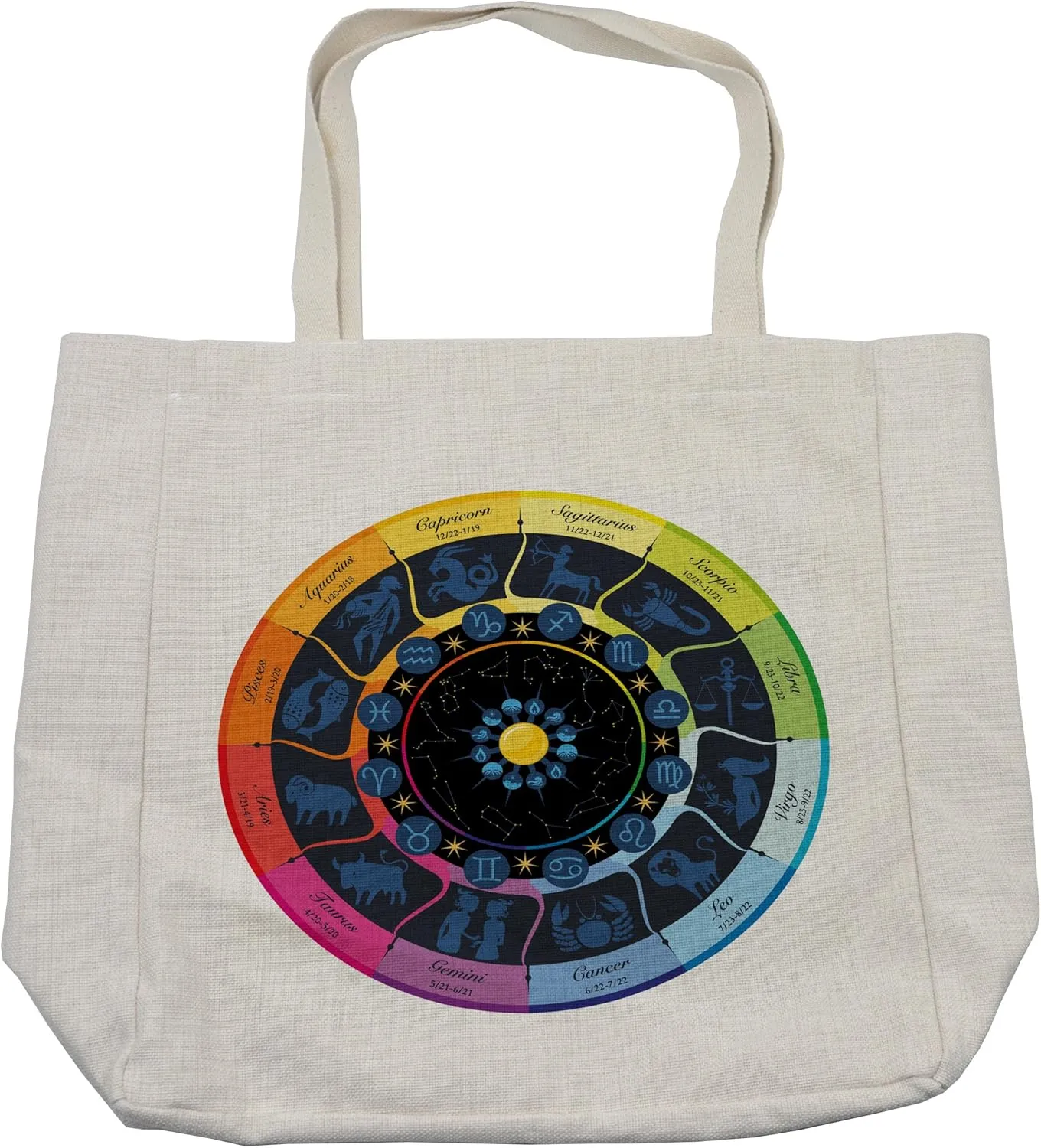 Lunarable Zodiac Shopping Bag, Rainbow Wheel of Signs Esoteric Babylonian Astrology Ascendant Ecliptic Theme Art, Eco-Friendly Reusable Bag for Groceries Beach and More, 15.5" X 14.5", Cream