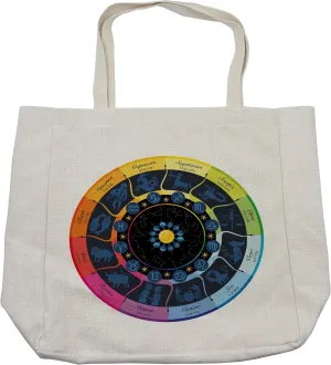 Lunarable Zodiac Shopping Bag, Rainbow Wheel of Signs Esoteric Babylonian Astrology Ascendant Ecliptic Theme Art, Eco-Friendly Reusable Bag for Groceries Beach and More, 15.5" X 14.5", Cream