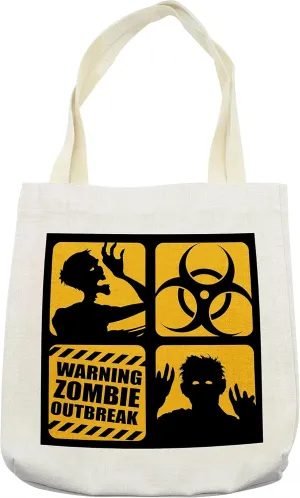 Lunarable Zombie Tote Bag, Classic Colored Sign with Outbreak Warning and Monster Silhouettes Illustration, Cloth Linen Reusable Bag for Shopping Books Beach and More, 16.5" X 14", Yellow Black