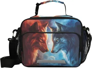 Lunch Bags Boxes Insulated Small Boys Girls Cooler Kids Wolf Confront for School Student with Shoulder Strap Water-Resistant