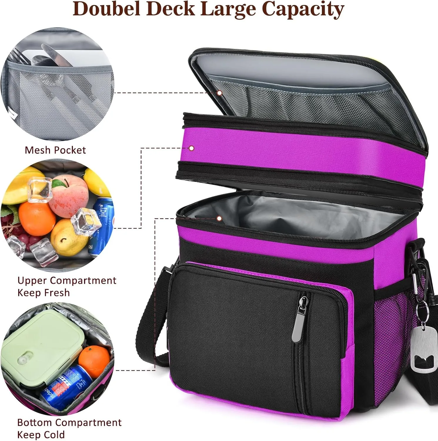 Lunch Box & Lunch Bag for Women, Large Insulated Adult Lunch Box, Leakproof Cooler Lunchbox with Bottle Opener for Work Picnic Beach, 16L, Purple