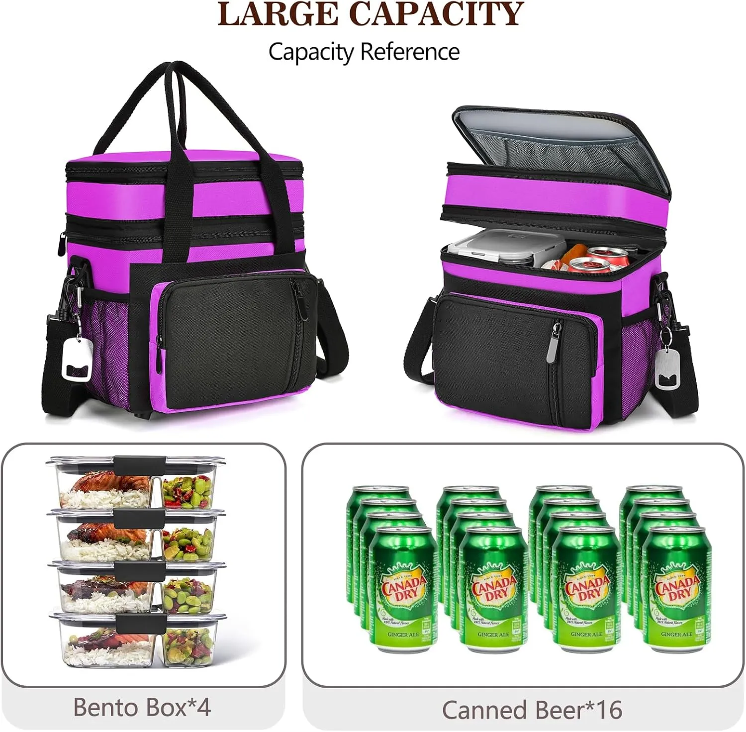Lunch Box & Lunch Bag for Women, Large Insulated Adult Lunch Box, Leakproof Cooler Lunchbox with Bottle Opener for Work Picnic Beach, 16L, Purple