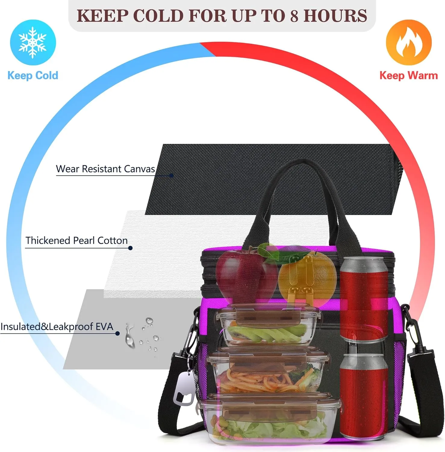 Lunch Box & Lunch Bag for Women, Large Insulated Adult Lunch Box, Leakproof Cooler Lunchbox with Bottle Opener for Work Picnic Beach, 16L, Purple