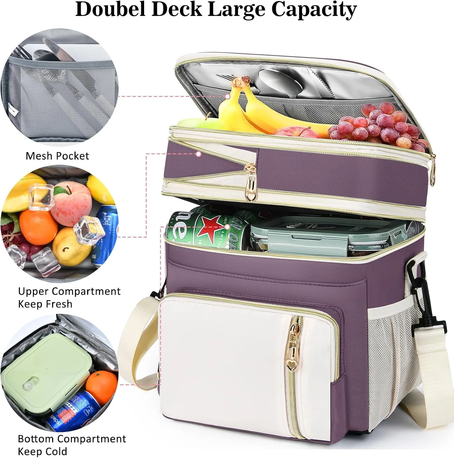 Lunch Box & Lunch Bag for Women, Large Insulated Adult Lunch Box Leakproof Lunchbox Cooler Bag for Work Picnic Beach,16L, Pink-purple & White