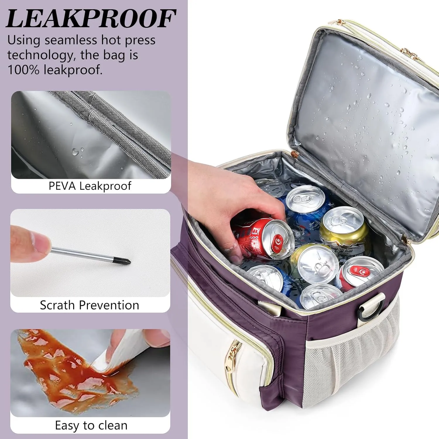 Lunch Box & Lunch Bag for Women, Large Insulated Adult Lunch Box Leakproof Lunchbox Cooler Bag for Work Picnic Beach,16L, Pink-purple & White