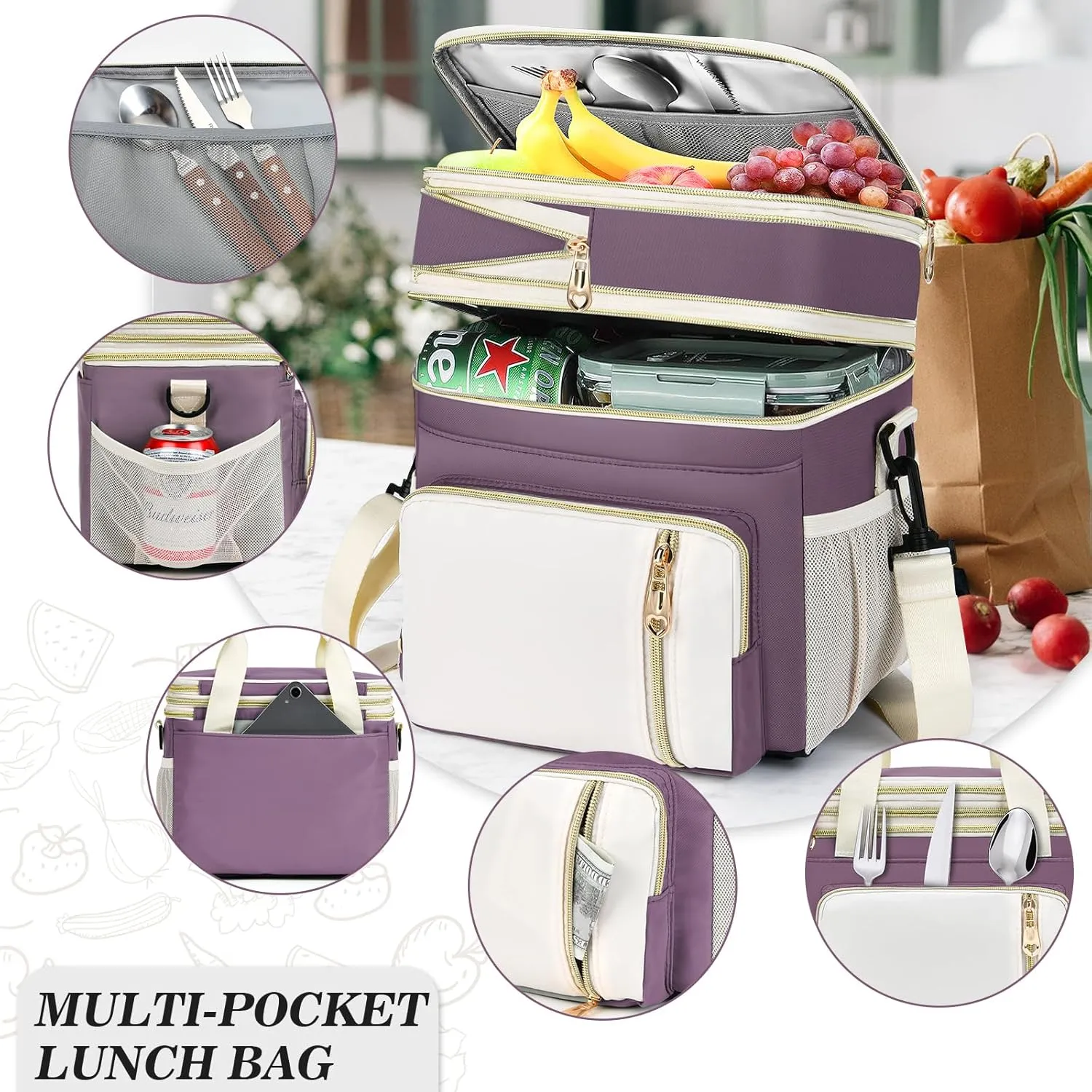 Lunch Box & Lunch Bag for Women, Large Insulated Adult Lunch Box Leakproof Lunchbox Cooler Bag for Work Picnic Beach,16L, Pink-purple & White