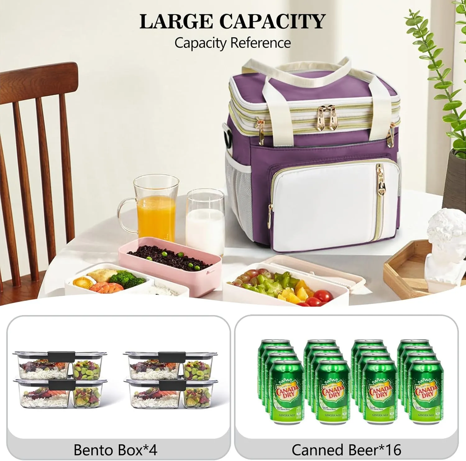 Lunch Box & Lunch Bag for Women, Large Insulated Adult Lunch Box Leakproof Lunchbox Cooler Bag for Work Picnic Beach,16L, Pink-purple & White