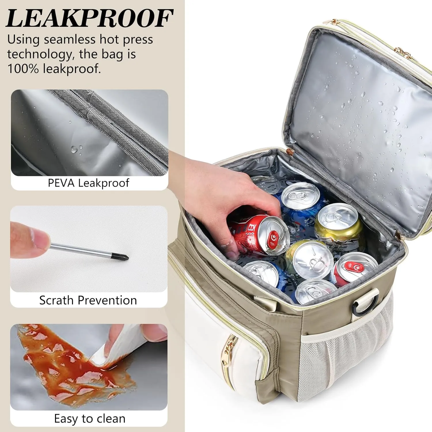 Lunch Box & Lunch Bag for Women Men, Large Insulated Adult Lunch Box Leakproof Lunchbox Cooler Bag for Work Picnic Beach,16L, Beige & White