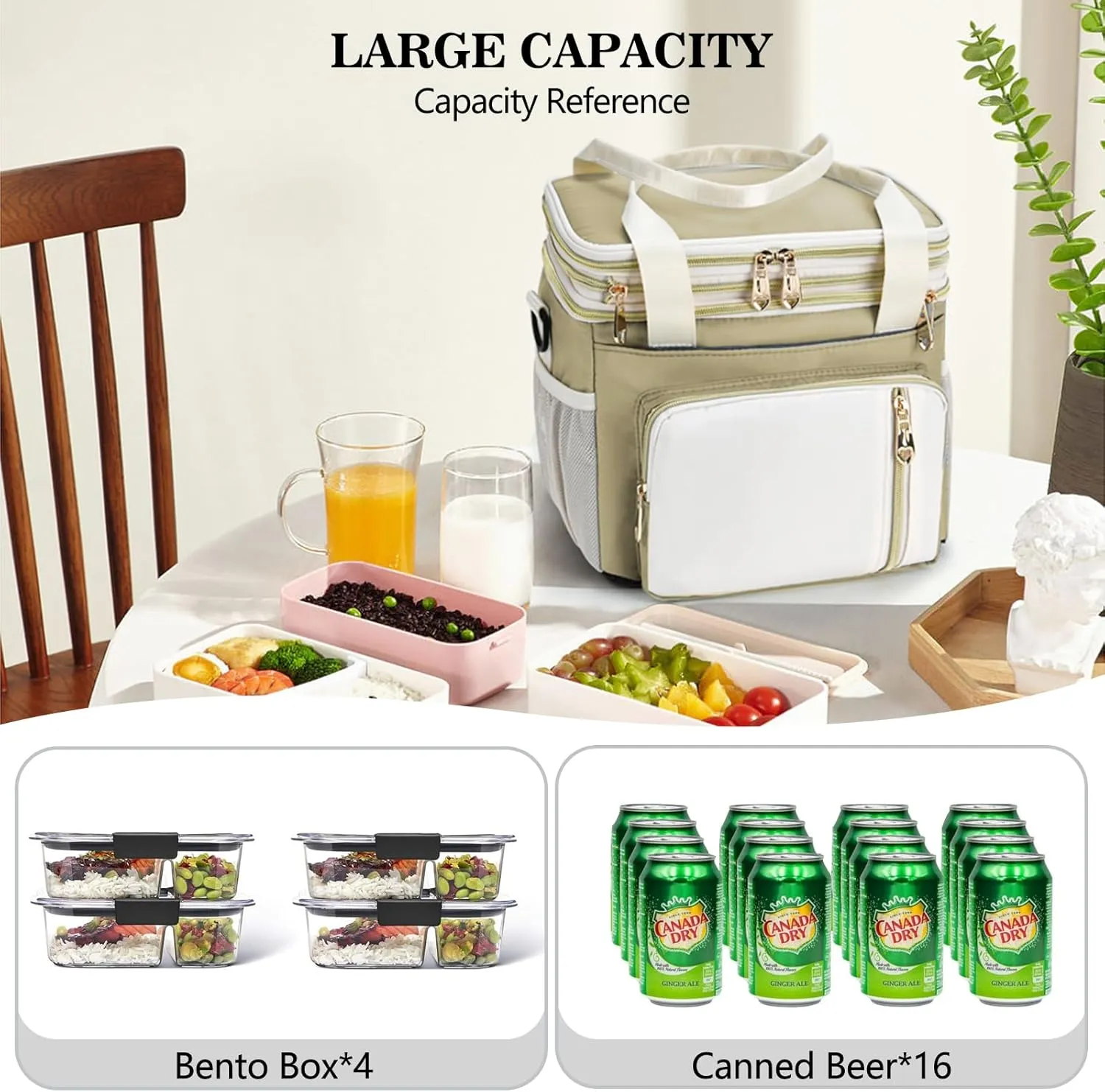 Lunch Box & Lunch Bag for Women Men, Large Insulated Adult Lunch Box Leakproof Lunchbox Cooler Bag for Work Picnic Beach,16L, Beige & White