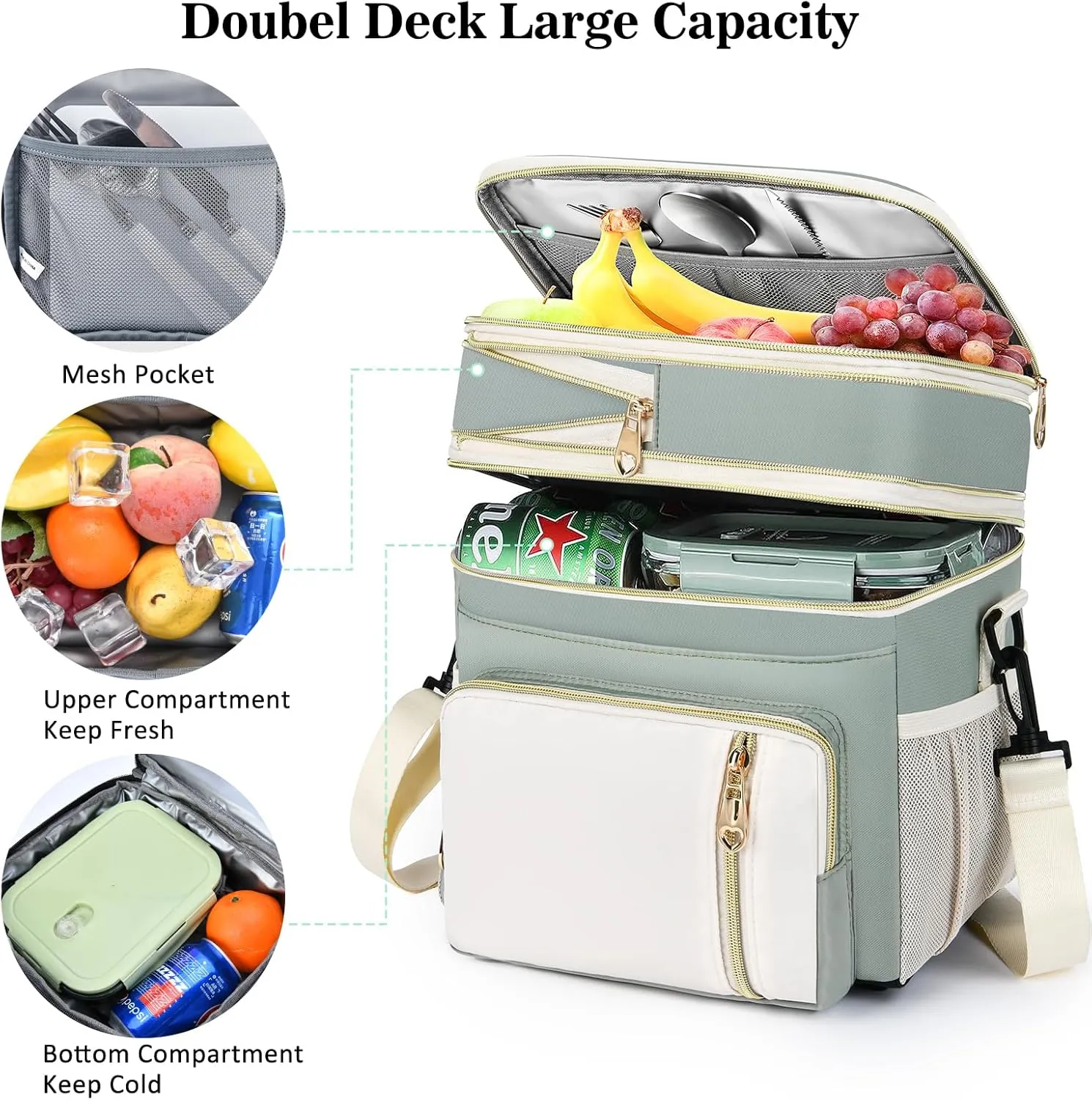 Lunch Box & Lunch Bag for Women Men, Large Insulated Adult Lunch Box Leakproof Lunchbox Cooler Bag for Work Picnic Beach,16L, Olive Green & White