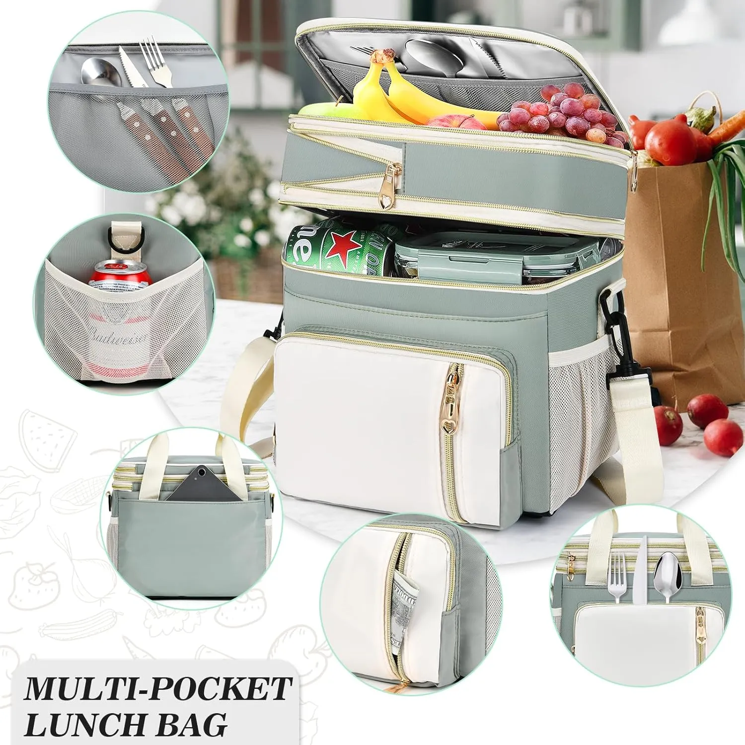 Lunch Box & Lunch Bag for Women Men, Large Insulated Adult Lunch Box Leakproof Lunchbox Cooler Bag for Work Picnic Beach,16L, Olive Green & White