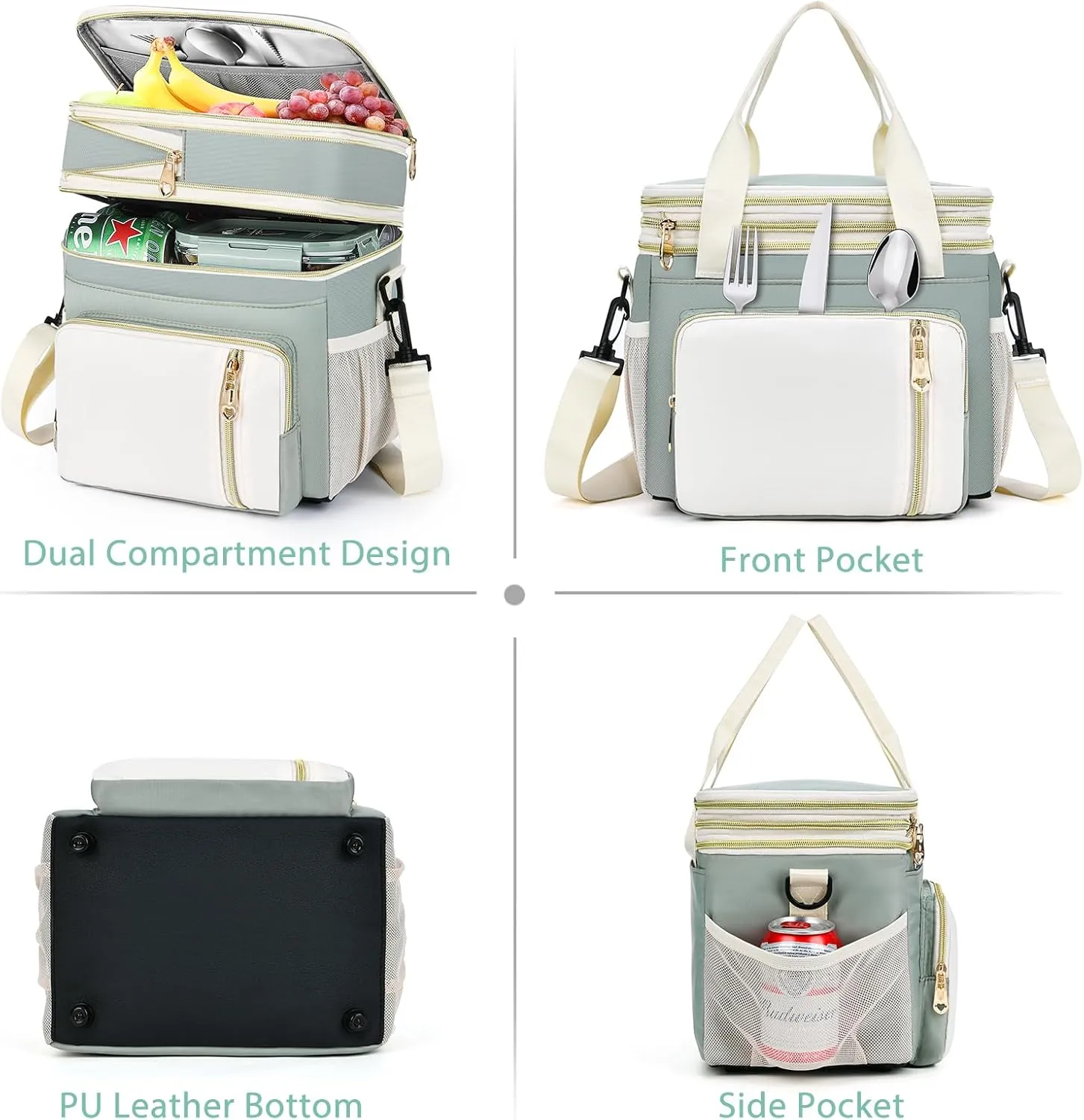 Lunch Box & Lunch Bag for Women Men, Large Insulated Adult Lunch Box Leakproof Lunchbox Cooler Bag for Work Picnic Beach,16L, Olive Green & White