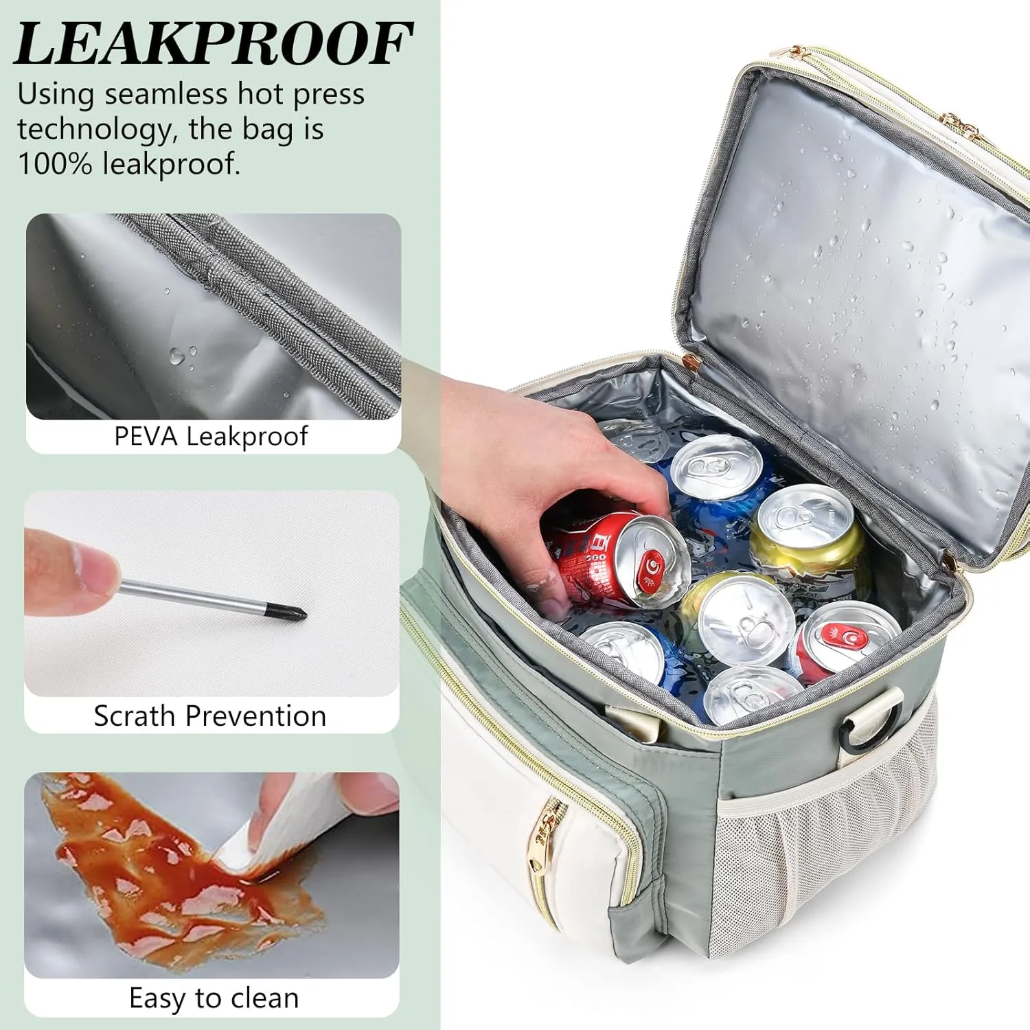 Lunch Box & Lunch Bag for Women Men, Large Insulated Adult Lunch Box Leakproof Lunchbox Cooler Bag for Work Picnic Beach,16L, Olive Green & White