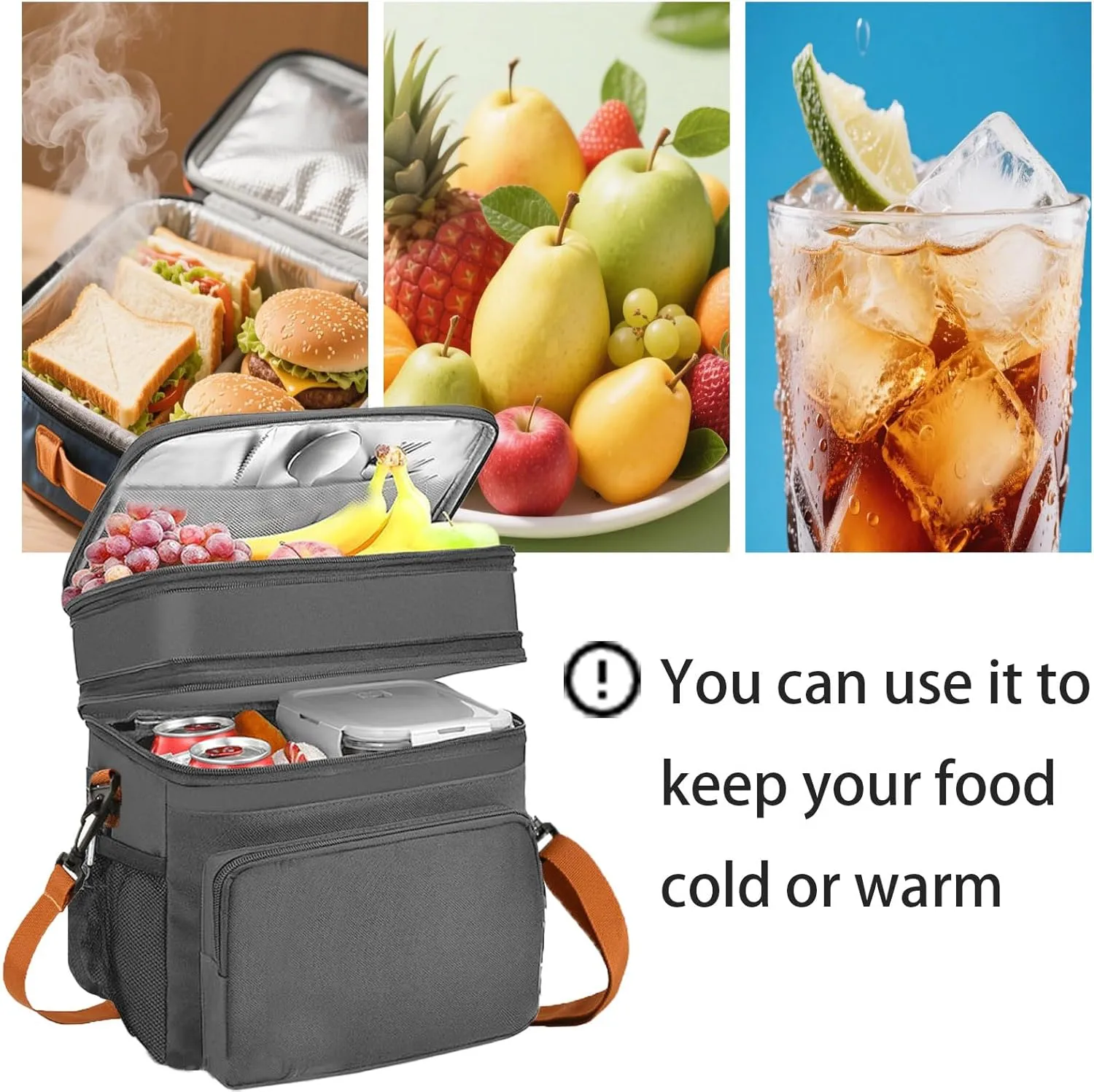 Lunch Box For Men & Women Large Expandable 2 Cooler Bags Lightweight Adjustable Shoulder Strap Fit for Men Women Picnic Work Travel Grey