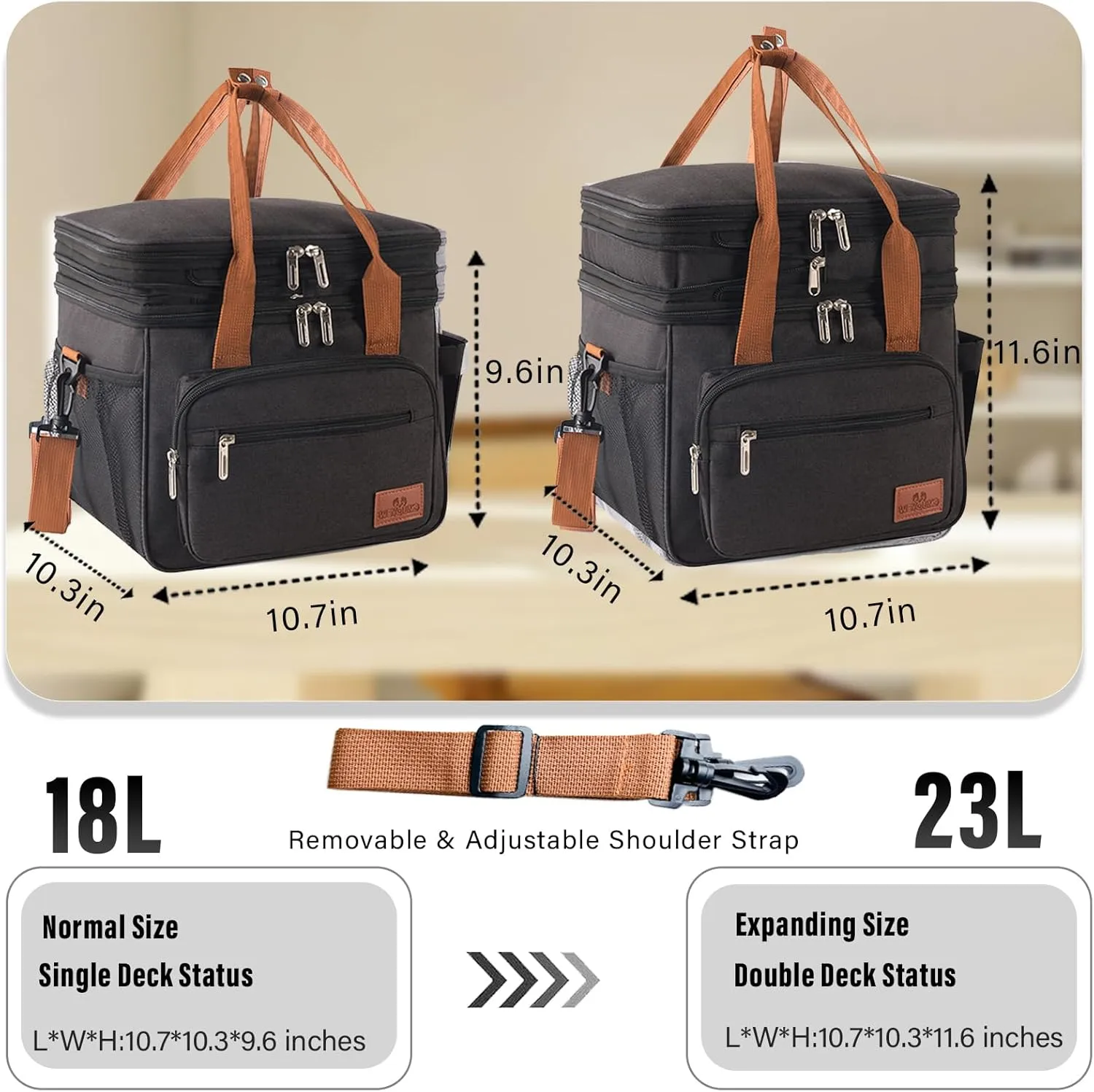 Lunch Box for Women Men with Ice Pack, 2*Reusable Storage Bags, Insulated Lunch Bag Women, Expandable Double Deck Adult Womens, Lunchbox for Woman with Containers, Womens Lunch Bags for Work (Black)