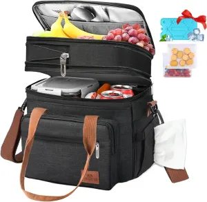 Lunch Box for Women Men with Ice Pack, 2*Reusable Storage Bags, Insulated Lunch Bag Women, Expandable Double Deck Adult Womens, Lunchbox for Woman with Containers, Womens Lunch Bags for Work (Black)