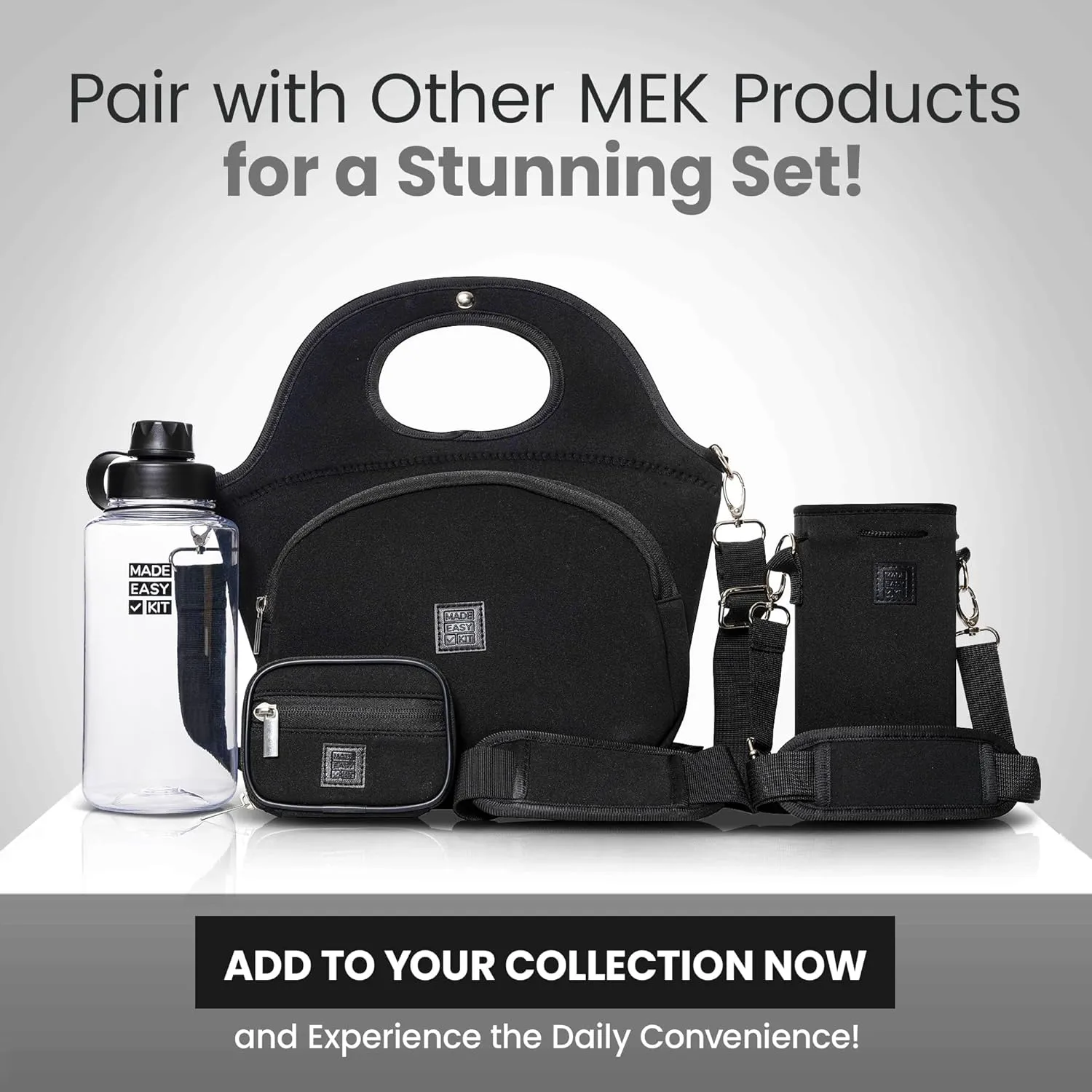Made Easy Kit Water Bottle Carrier Insulated Neoprene - Adjustable Padded Shoulder Strap - Sling Pouch for Glass Bottle, Stainless Steel Tumbler - 5 Sizes (Black, Tall Large)