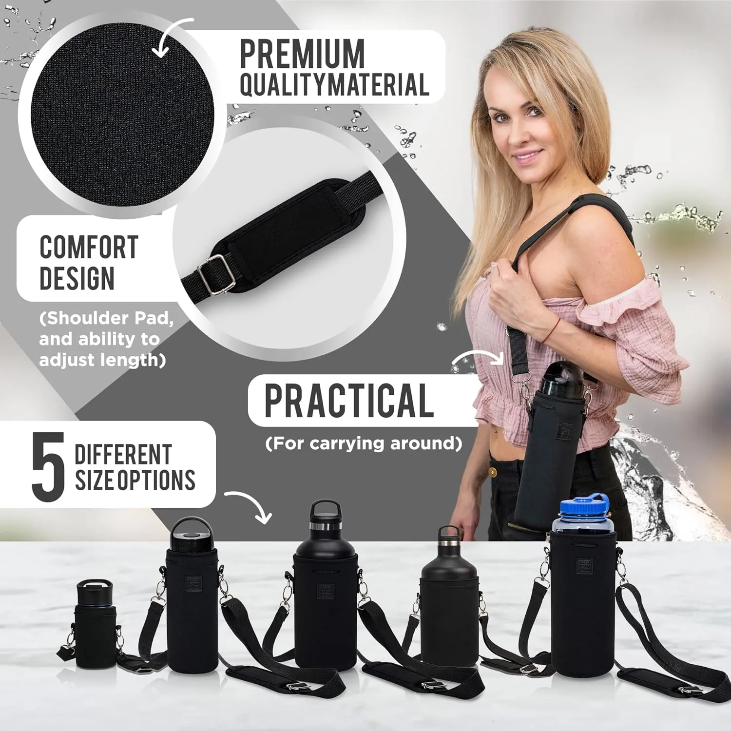 Made Easy Kit Water Bottle Carrier Insulated Neoprene - Adjustable Padded Shoulder Strap - Sling Pouch for Glass Bottle, Stainless Steel Tumbler - 5 Sizes (Black, Tall Large)