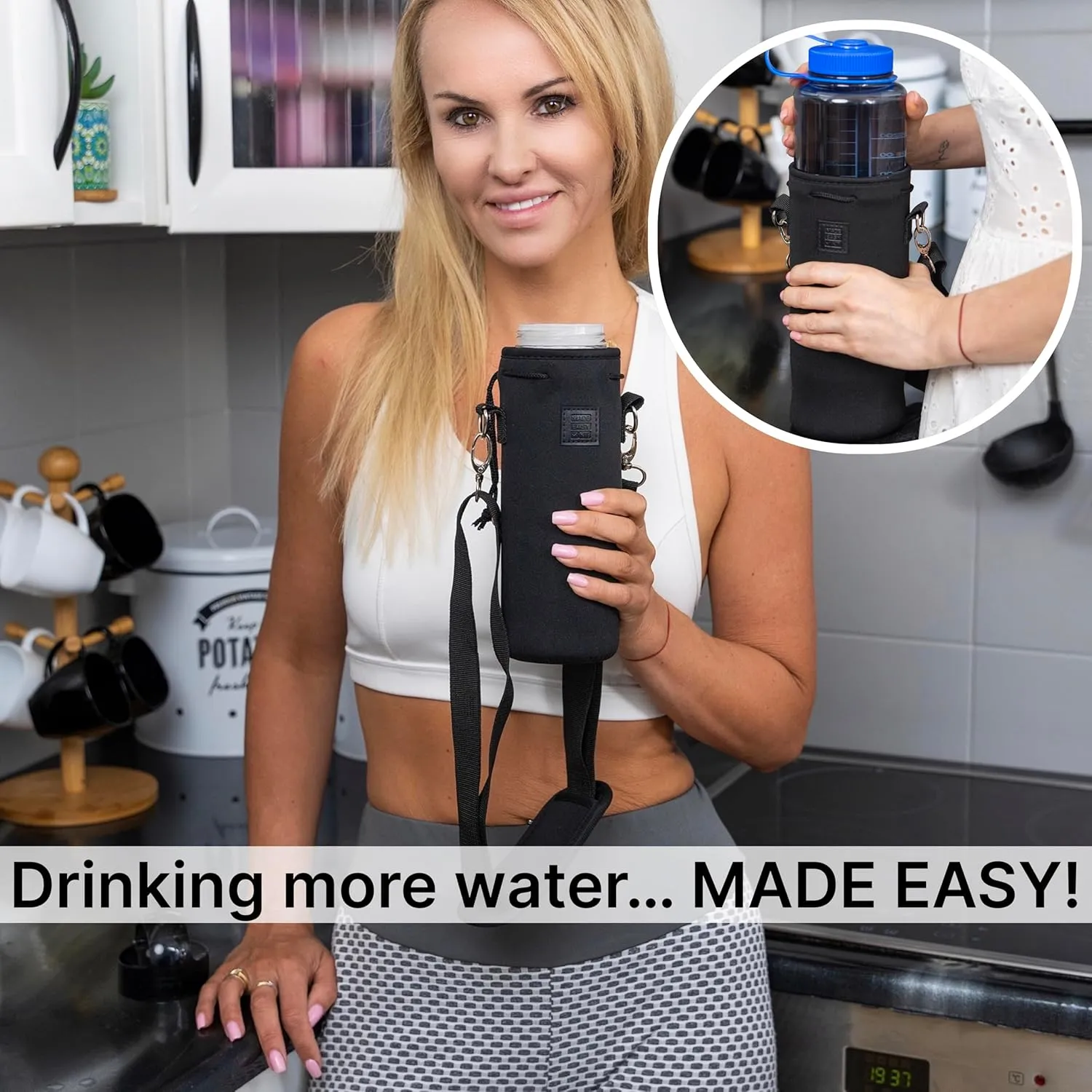 Made Easy Kit Water Bottle Carrier Insulated Neoprene - Adjustable Padded Shoulder Strap - Sling Pouch for Glass Bottle, Stainless Steel Tumbler - 5 Sizes (Black, Tall Large)