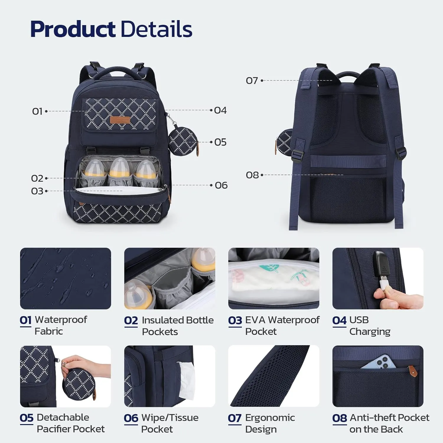 Maelstrom Diaper Bag Backpack - Expandable Large Baby Bag for 2 Kids/Twins Baby Stuff (45L MAX), with Removable Cross Body Bottle Bag for Mom/Dad,Stylish Nappy Bag Gift for Boys/Girl-Navy Blue